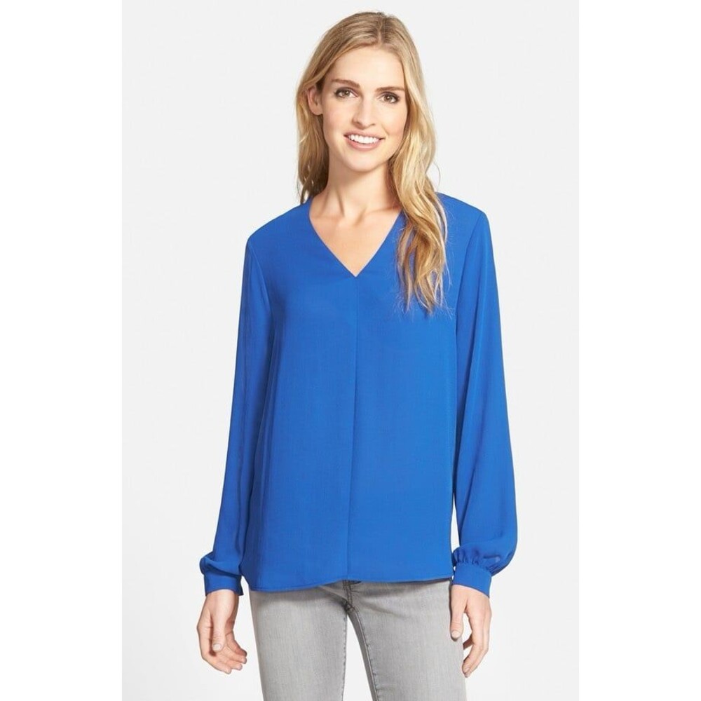 Rose + Olive Long Sleeves Chiffon Blouse, Blue, Large